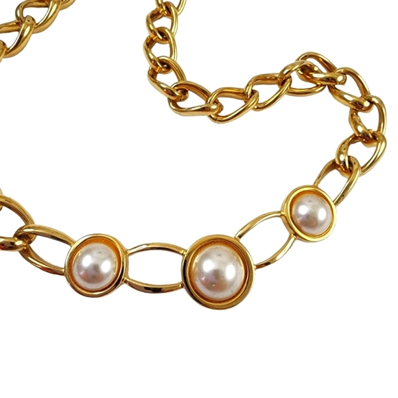 Vintage Napier Chunky Chain Necklace Open Link Cream Faux Pearl Cabochons - Picture 7 of 11